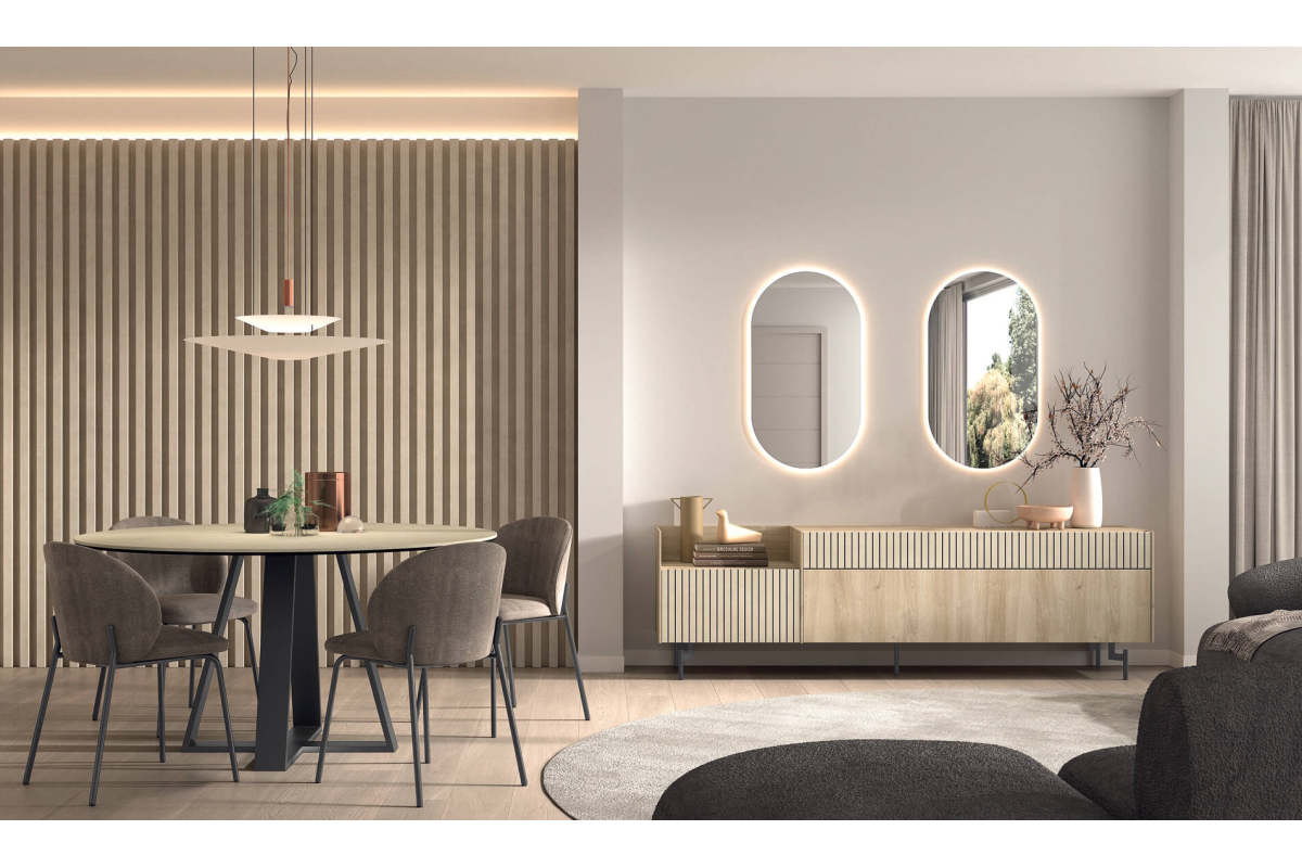 Mueble aparador moderno con espejos y mesa de comedor de Kazzano colección New Royal 201-B