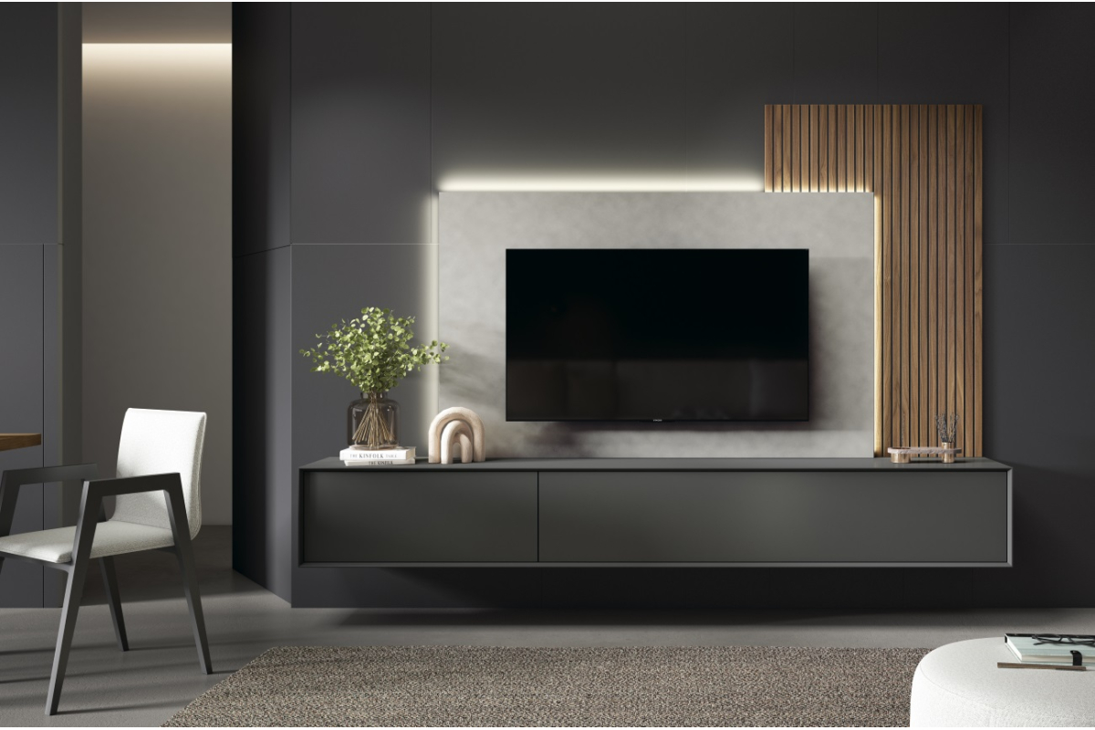 Mueble de televisión con panel de salón moderno de Bocubi Mobiliario colección Ilusion Day 12