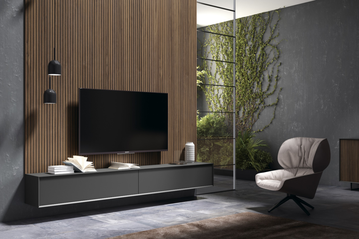 Mueble de televisión con panel de salón moderno de Bocubi Mobiliario colección Ilusion Day 06