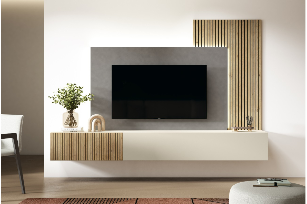 Mueble de televisión con panel de salón moderno de Bocubi Mobiliario colección Ilusion Day 14