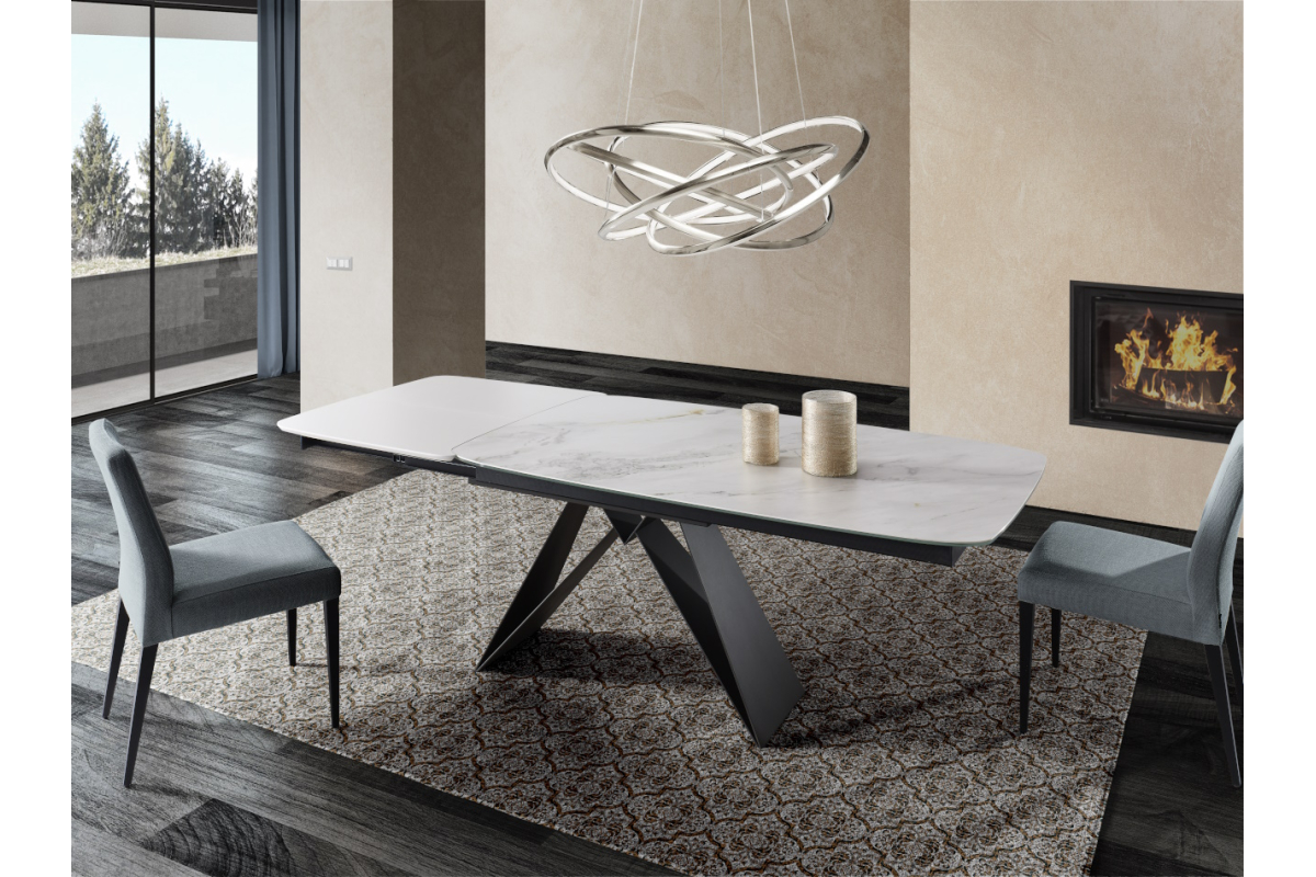 Mesa de comedor extensible tapa porcelánico y pata central metálica con diseño moderno modelo Yakka de Indesan