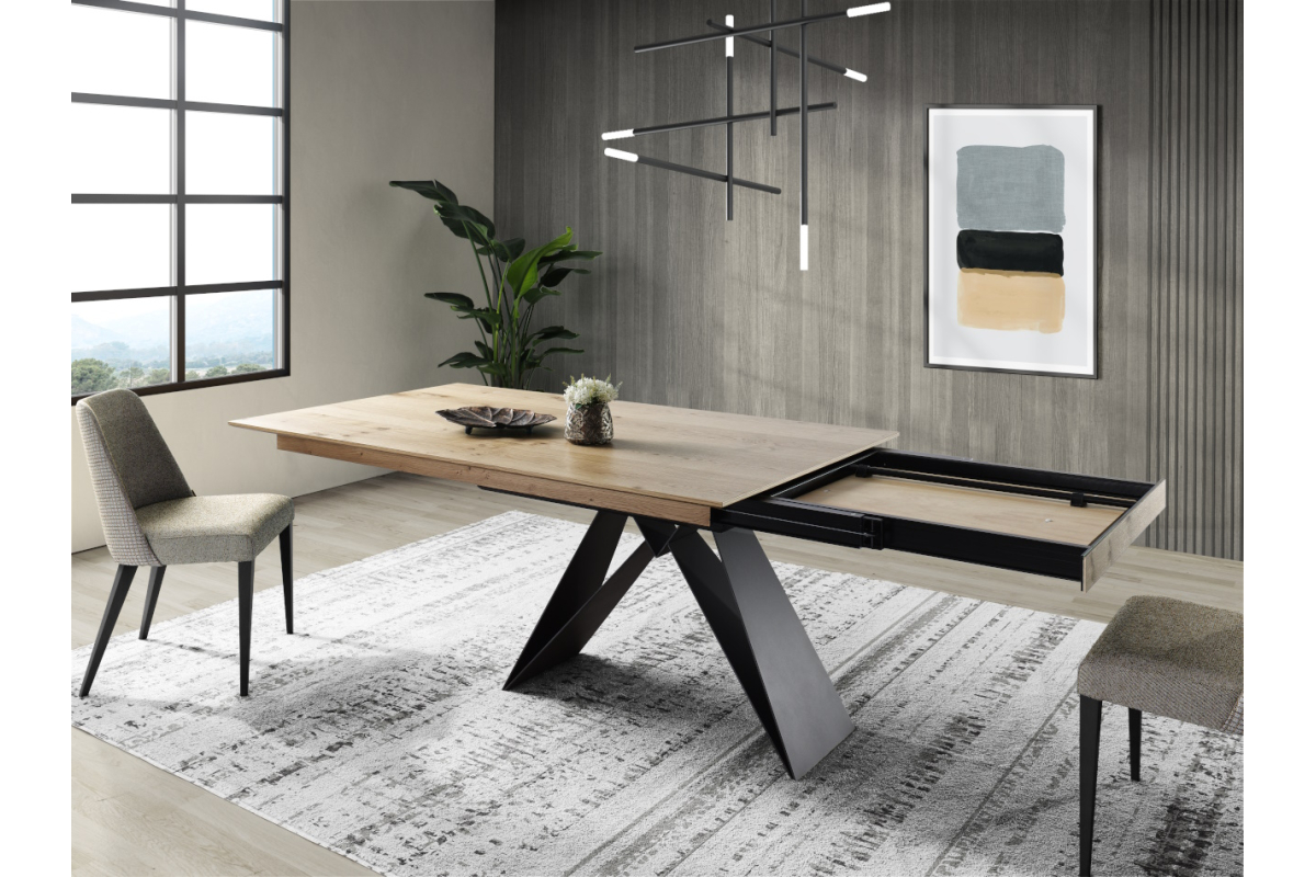 Detalle mesa de salón extensible y pata central metálica con diseño moderno modelo Anas de Indesan