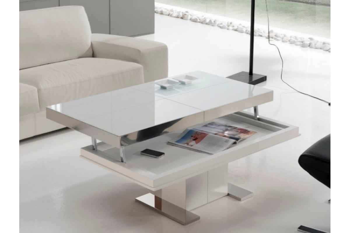 Detalle mesa de centro elevable tapa cristal modelo intempo de Indesan