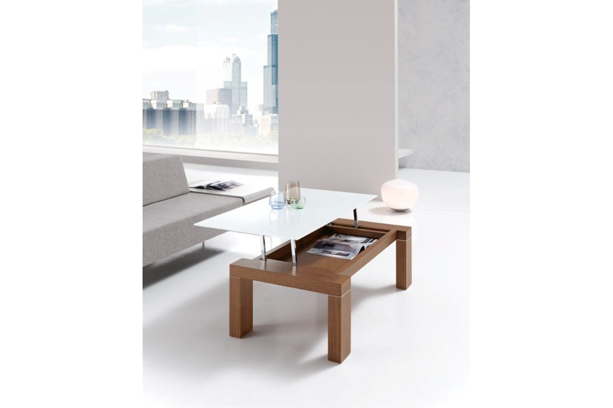 Detalle mesa de centro elevable tapa cristal modelo Armonía de Indesan