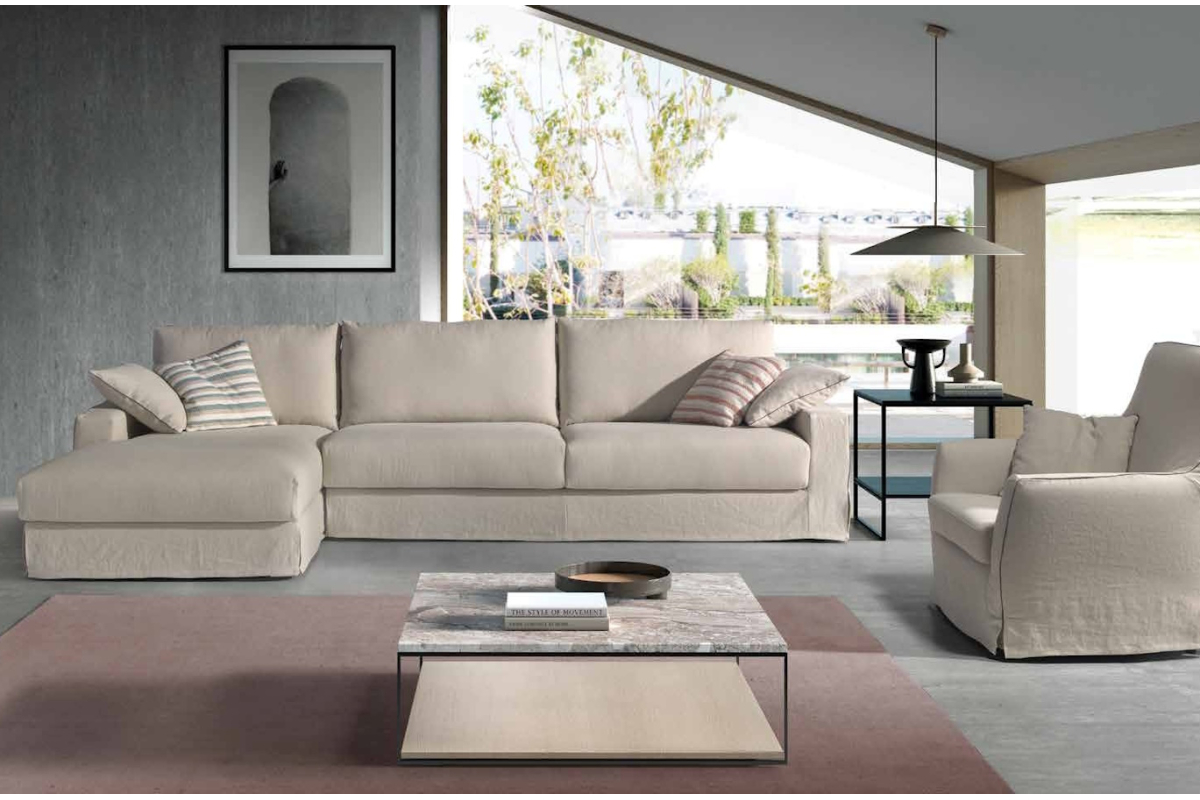 Sofá desenfundable con chaiselongue moderno modelo Montecarlo con asientos fijos de Eneas By Chirivella