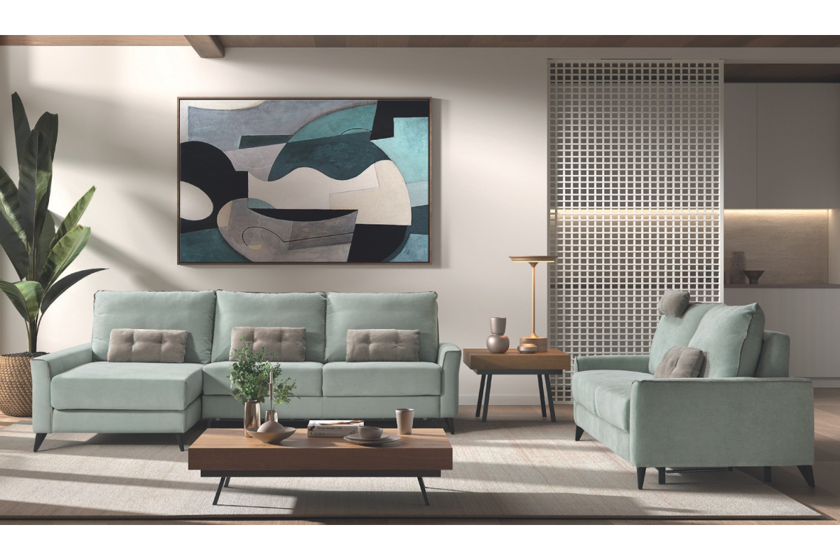 Sofá cama con chaiselongue moderno modelo Báltico con apertura italiana de Pedro Ortiz