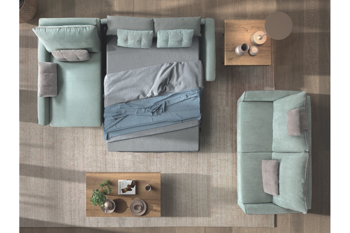 Sofá cama con chaiselongue moderno modelo Báltico detalle con apertura italiana de Pedro Ortiz