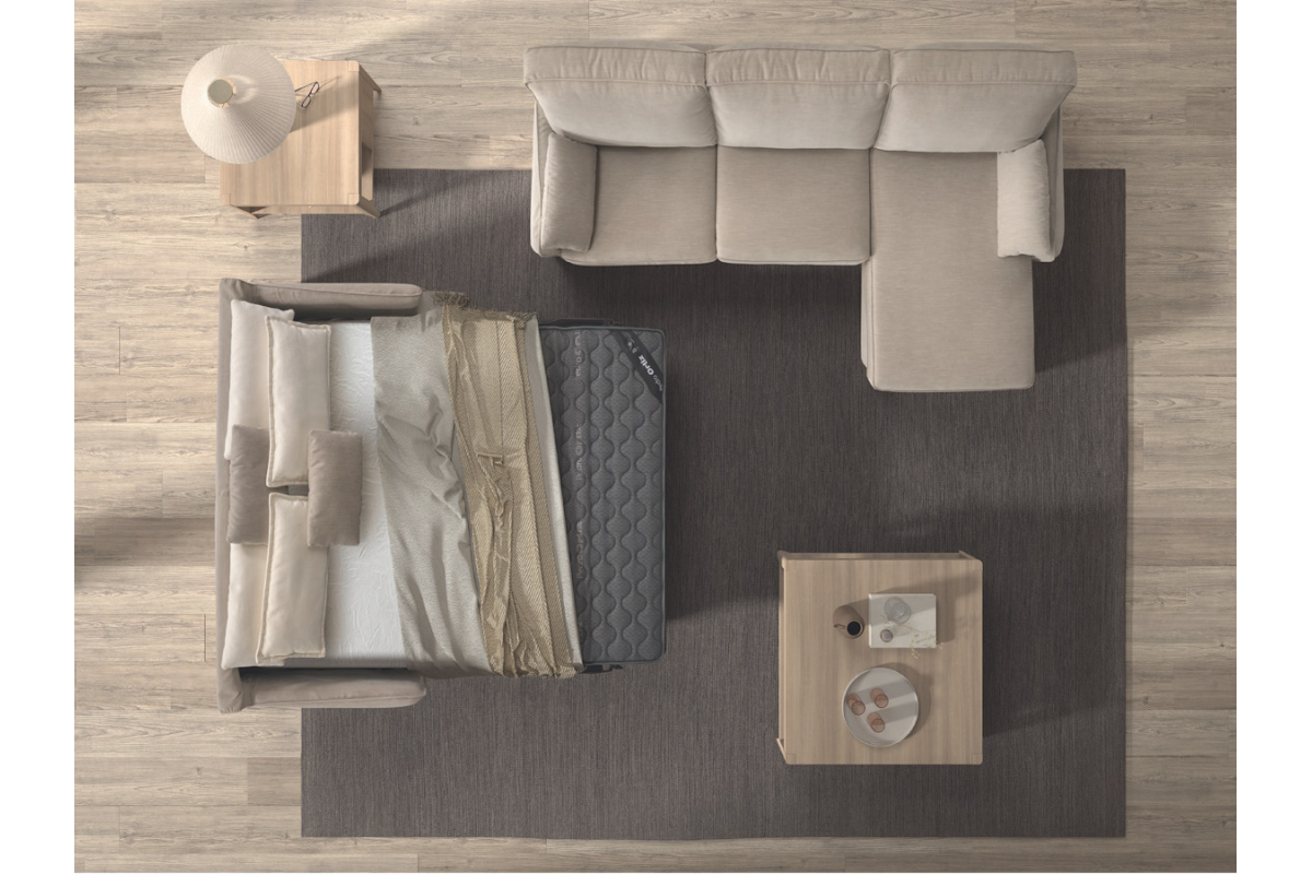 Detalle apertura italizana de sofá cama con chaiselongue moderno modelo  West de Pedro Ortiz